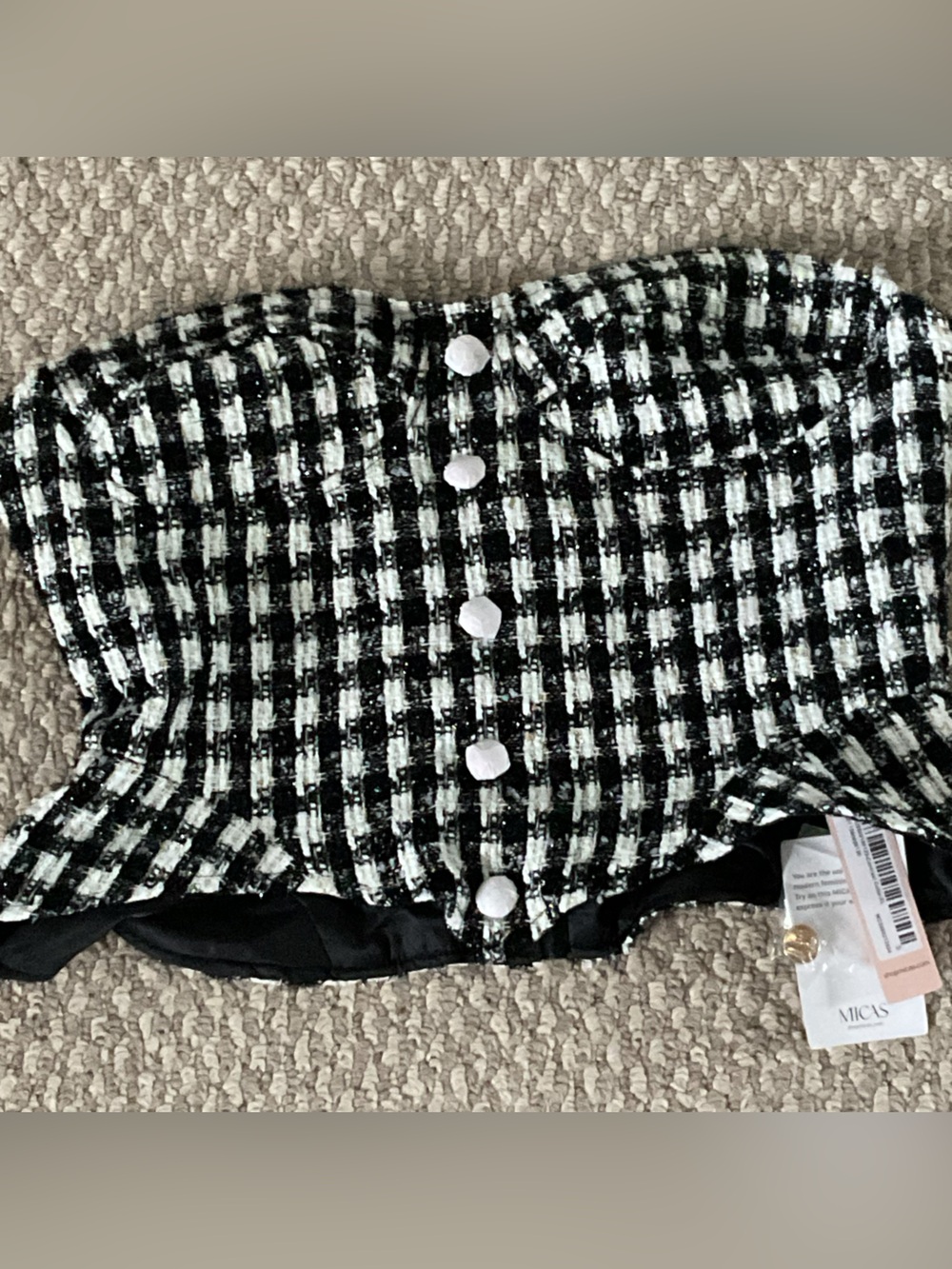 Micas Black and White Tweed Corset with Gold Decorative Buttons